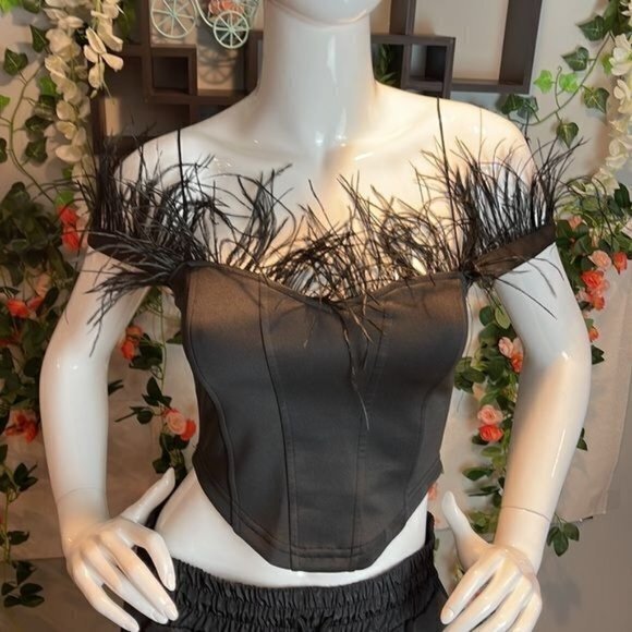Micas Feathered Trim Off the Shoulders Satin Corset Style Crop Top RefHHH‎ - Picture 8 of 12